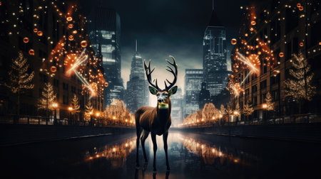 captivating image of a Christmas deer adorned with lights against a black background, symbolizing the festive spirit.の素材
