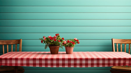 scene with an empty wooden deck table adorned with a red checked tablecloth, set against a mint wallpaper background.の素材