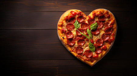 mouthwatering image of a heart-shaped pepperoni pizza on a wooden background, perfect for Valentine's Dayの素材