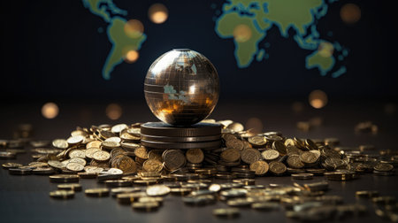 impactful visual featuring a globe surrounded by a stack of coins, symbolizing the interconnectedness of global finance.の素材