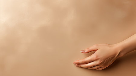 beauty of a woman's hand on a brown background, offering a canvas for your product. Perfect for beauty and skincare promotions, emphasizing the elegance of delicate hands.の素材