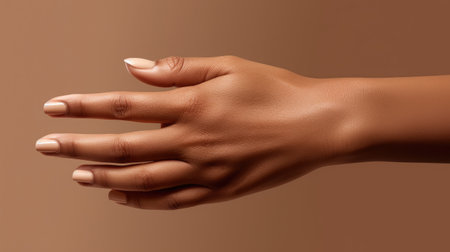 beauty of a woman's hand on a brown background, offering a canvas for your product. Perfect for beauty and skincare promotions, emphasizing the elegance of delicate hands.の素材