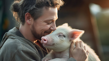 heartwarming scene of a farmer inside a pig farm, tenderly petting the pigs. Perfect for promoting the compassionate connection between caretakers and animals.の素材