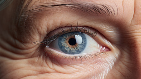 grace of aging with a close-up detailing the wrinkles in a woman's eyes. Perfect for beauty and skincare projects, celebrating the natural journey of maturity.の素材