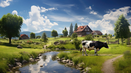 picturesque scene with cows on the farm, peacefully grazing in the countryside. Perfect for agricultural themes, promoting the idyllic charm of rural life.の素材