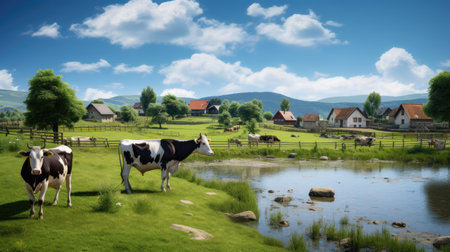 picturesque scene with cows on the farm, peacefully grazing in the countryside. Perfect for agricultural themes, promoting the idyllic charm of rural life.の素材