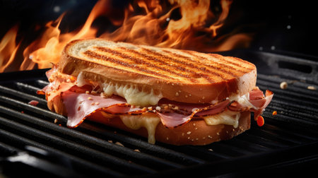 mouthwatering appeal of a grilled ham and cheese sandwich cooking on the grill. Perfect for promoting the delicious and comforting nature of this classic mealの素材