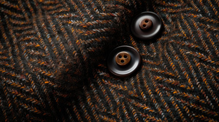 sophistication of herringbone tweed with a close-up on wool fabric texture. Buttons placed diagonally add a touch of classic style. Perfect for conveying timeless fashion.の素材