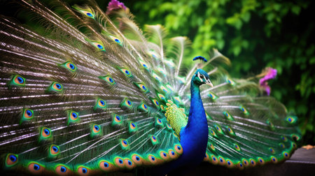 elegance of a male peacock's colorful feathered tail. An iridescent display of nature's beauty.の素材