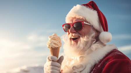 A delightful twist on tradition! Santa Claus enjoys an ice cream cone with a bite on a festive red background. Perfect for spreading holiday joy and sweetness.の素材
