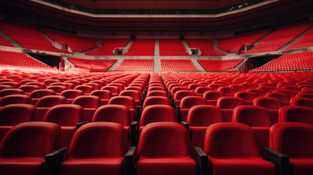 Red seats in a stadium enhance the energy of live events.の素材