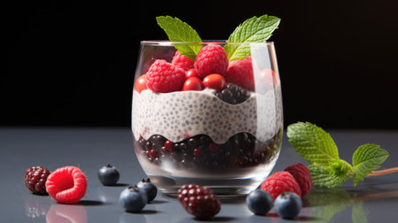 glass of chia pudding, representing nutritious and delicious breakfast choices.の素材