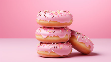 sweet donuts adorned with icing on a pastel pink canvas. Capitalize on the allure of irresistible dessertsの素材