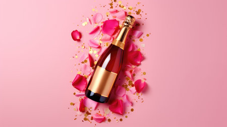 flat lay with a champagne bottle and lively party streamers against a pink backdropの素材