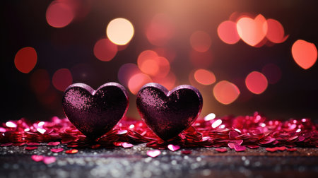 glittery red and pink hearts on a blackboard for a stunning Valentine's Day background.の素材