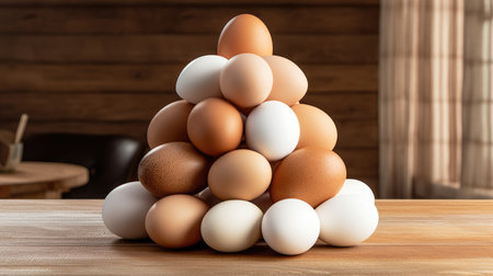 brown and white eggs in a pile, representing the farm-fresh diversity of organic goodness.の素材