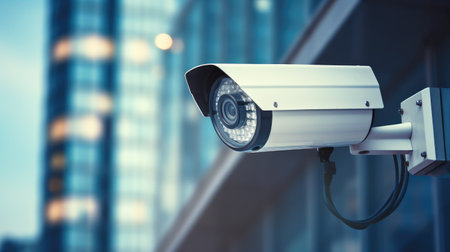 CCTV camera monitoring urban spaces day and night, emphasizing safety.の素材