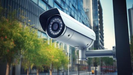 CCTV camera monitoring urban spaces day and night, emphasizing safety.の素材