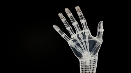 See the hand's anatomy! Our X-ray image on a black background offers a striking view of skeletal details.の素材