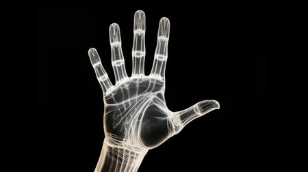 See the hand's anatomy! Our X-ray image on a black background offers a striking view of skeletal details.の素材