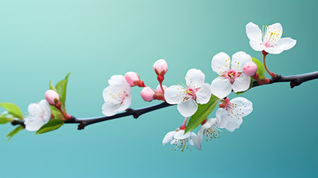Spring bloom beauty! Our image showcases a macro cherry blossom tree branch on a green background, creating an abstract and festive scene.の素材