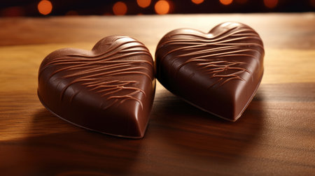 two delectable chocolate hearts resting on a charming wooden background, epitomizing the essence of romantic treats and culinary elegance.の素材