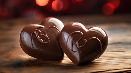 two delectable chocolate hearts resting on a charming wooden background, epitomizing the essence of romantic treats and culinary elegance.の素材