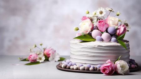 Easter egg and cake on a gray table background, creating a happy Easter backdrop for the spring holiday.の素材