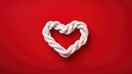 flat lay with a white rope in a heart shaped knot on a red background, capturing the essence of a romantic design and conveying the love concept in a minimalist and heartfelt manner.の素材