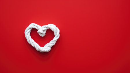 flat lay with a white rope in a heart shaped knot on a red background, capturing the essence of a romantic design and conveying the love concept in a minimalist and heartfelt manner.の素材