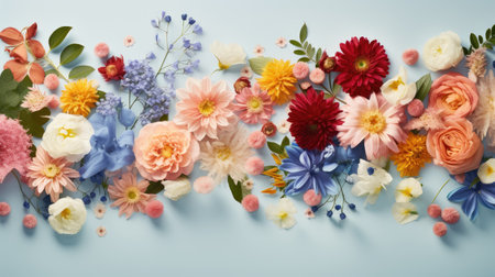 creative layout of flowers and leaves in a flat lay, forming a vibrant floral greeting card.の素材