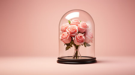 romance of a single rose delicately encased in a glass dome, set against a dreamy pink background.の素材