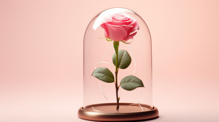 romance of a single rose delicately encased in a glass dome, set against a dreamy pink background.の素材