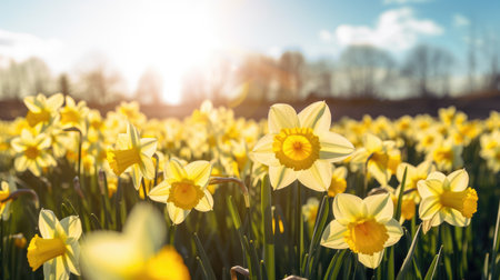 beauty of spring with a vibrant image of a yellow daffodil standing gracefully in a sun-kissed field.の素材
