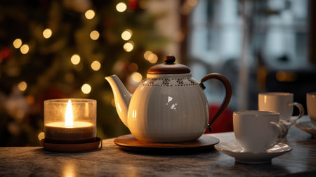 Coffee pot with cup of tea burning scented candle on marble table over Christmas lights in bedroom. Cozy home atmosphere.の素材