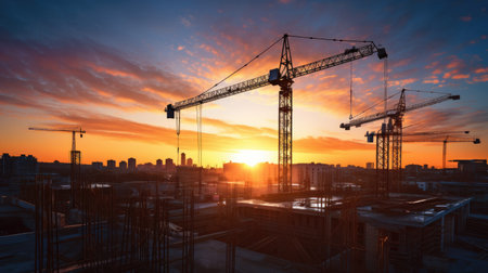 Industrial construction cranes stand tall against the sunrise, a symbol of growth and urban development.の素材