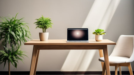 Home Office Elegance: Transform your space with a stylish table and laptop in a modern home office interior.の素材