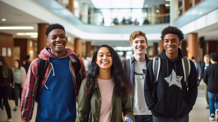multiracial students walking and socializing in the university hall during a break.の素材