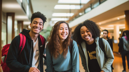 multiracial students walking and socializing in the university hall during a break.の素材