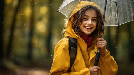 girl in a stylish yellow jacket, holding a translucent umbrella while strolling through a forest park in the rain.の素材