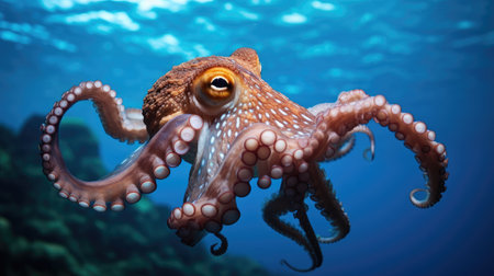 grace of a common octopus against a mesmerizing blue background.の素材