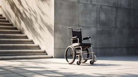 concept of accessibility with an image of an empty wheelchair in front of concrete stairs, emphasizing the need for equal rights and barrier-free urban spacesの素材