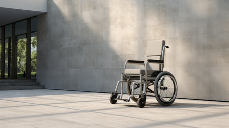 concept of accessibility with an image of an empty wheelchair in front of concrete stairs, emphasizing the need for equal rights and barrier-free urban spacesの素材