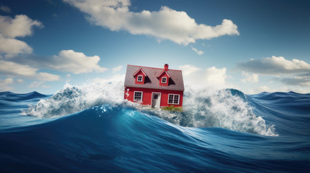real estate crisis with a powerful image- a small house on a lifebuoy drift in a vast blue sea and sky.の素材