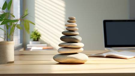 Zen stones stacked on an office table. Ideal for conveying the essence of relaxation, mindfulness, and a stress-free workplace.の素材