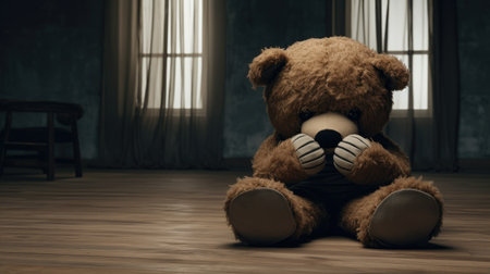 Silent Witness: A poignant concept of child abuse depicted through a teddy bear covering its eyes in an empty room.の素材