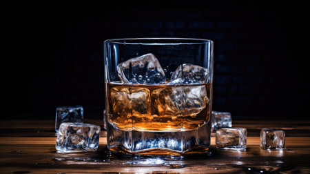 mixology with a focus on ice cubes in an empty glass on a wooden counter. Perfect for conveying the ambiance of upscale cocktail hours and evening indulgenceの素材