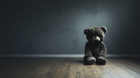 Silent Witness: A poignant concept of child abuse depicted through a teddy bear covering its eyes in an empty room.の素材