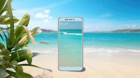 Digital Oasis! Immerse your audience in a creative summer beach captured on a smartphone against a vivid blue background.の素材