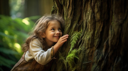 Nature's embrace! Capture the side view of a cute little girl hugging an old tree trunkの素材